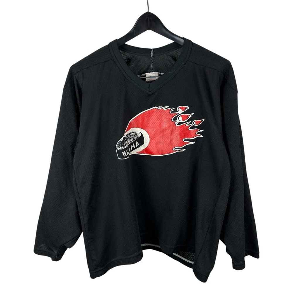 Vintage 90s Macka NHAHA Flames Black Pullover Hockey Sport Jersey Size S